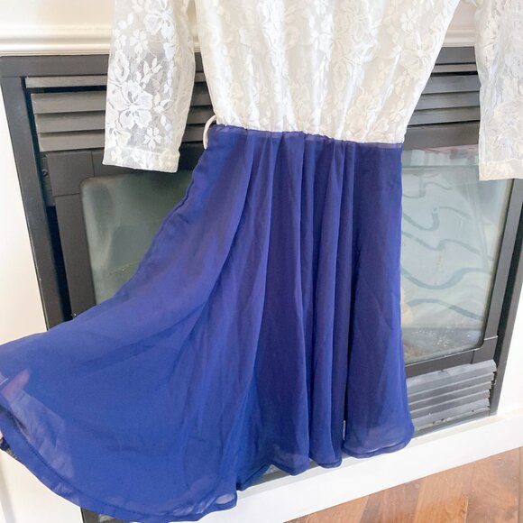 Women's White Navy Lace Chiffon Mini Dress Prom Fit and Flare Dresses - Picture 5 of 9